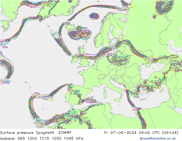 Bodendruck Spaghetti ECMWF Fr 07.06.2024 06 UTC