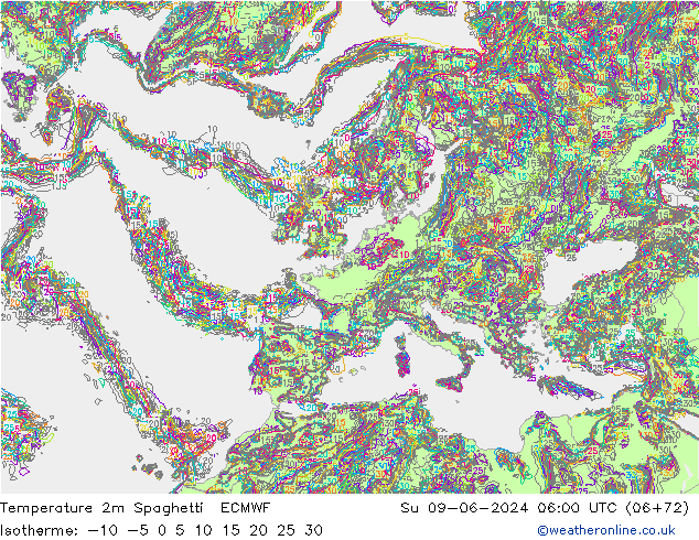 Temperatura 2m Spaghetti ECMWF Dom 09.06.2024 06 UTC