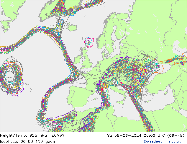 Height/Temp. 925 гПа ECMWF сб 08.06.2024 06 UTC