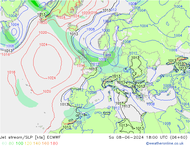 Prąd strumieniowy ECMWF so. 08.06.2024 18 UTC