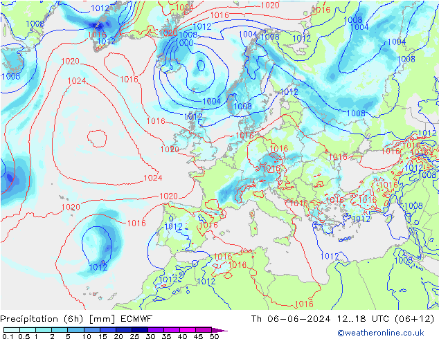 Totale neerslag (6h) ECMWF do 06.06.2024 18 UTC