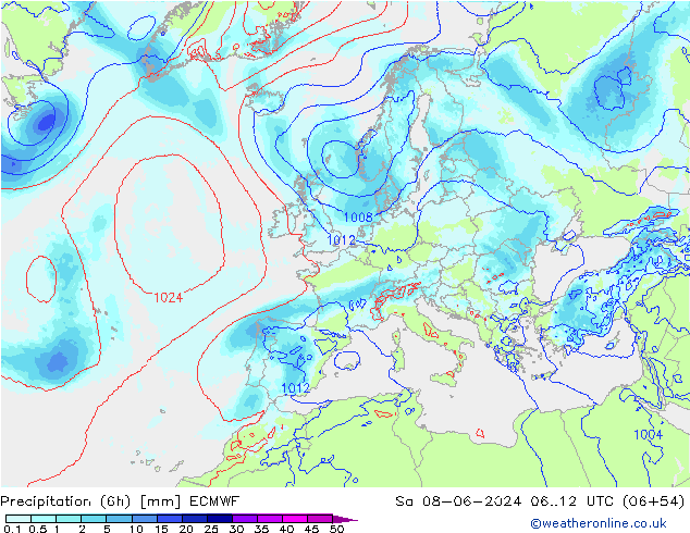 Precipitación (6h) ECMWF sáb 08.06.2024 12 UTC