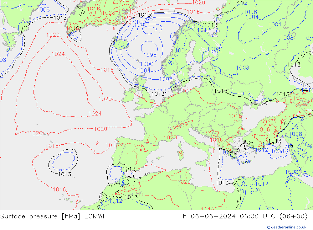 Surface pressure ECMWF Th 06.06.2024 06 UTC