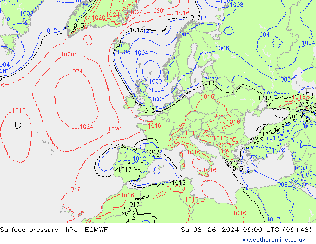 Surface pressure ECMWF Sa 08.06.2024 06 UTC