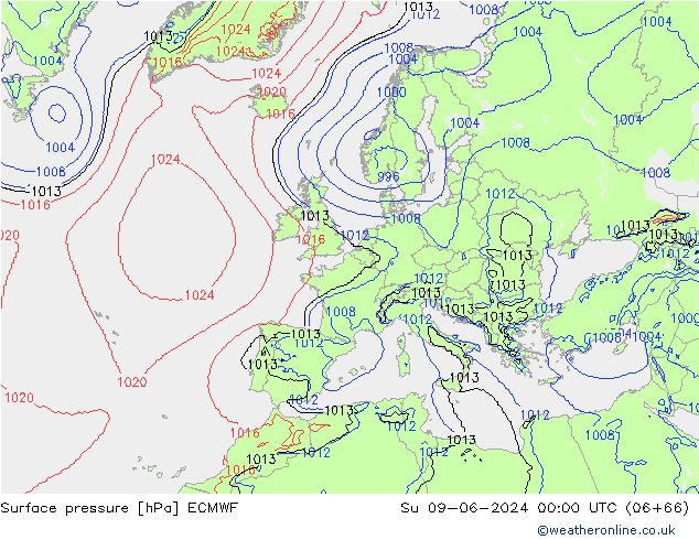 Atmosférický tlak ECMWF Ne 09.06.2024 00 UTC