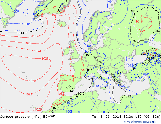 Surface pressure ECMWF Tu 11.06.2024 12 UTC