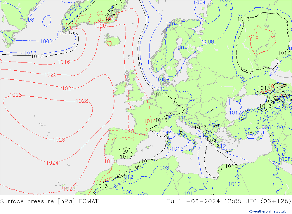 Surface pressure ECMWF Tu 11.06.2024 12 UTC