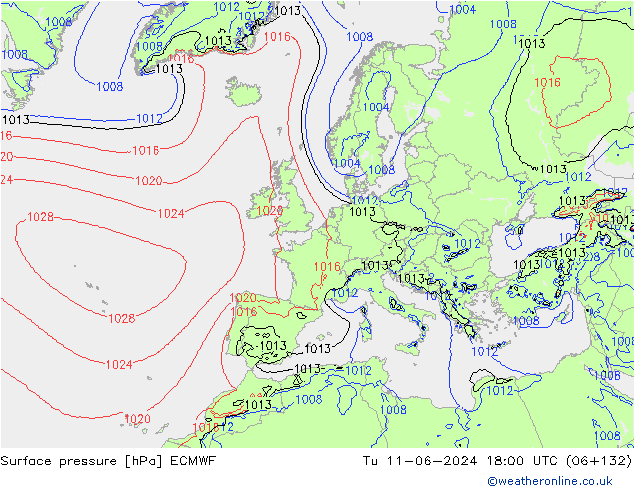 Surface pressure ECMWF Tu 11.06.2024 18 UTC