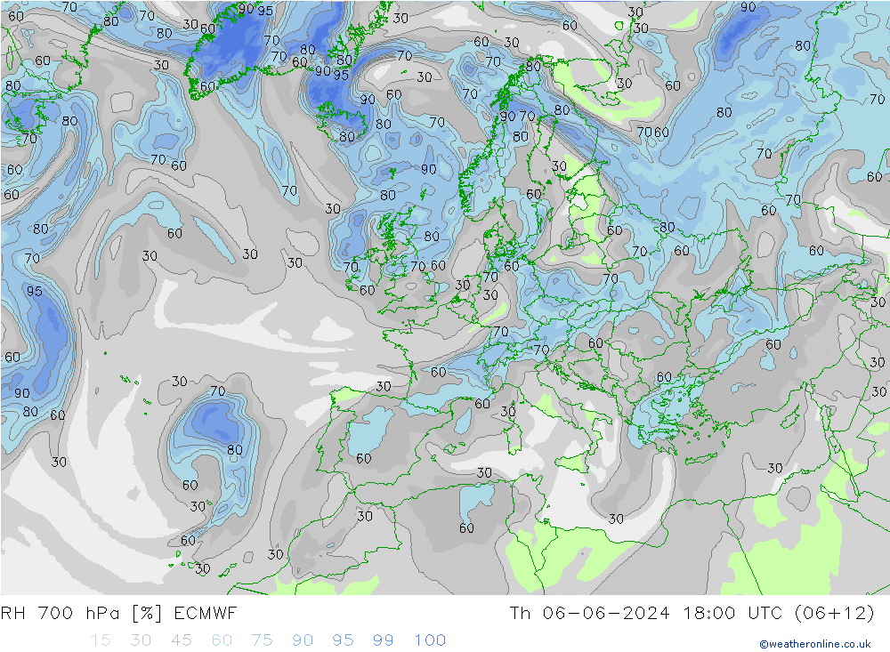 RH 700 hPa ECMWF Th 06.06.2024 18 UTC