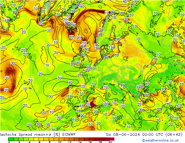 Isotachs Spread ECMWF Sa 08.06.2024 00 UTC