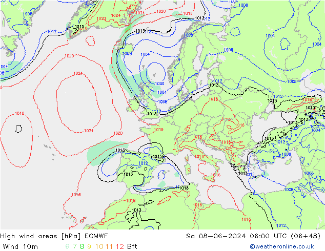 High wind areas ECMWF сб 08.06.2024 06 UTC