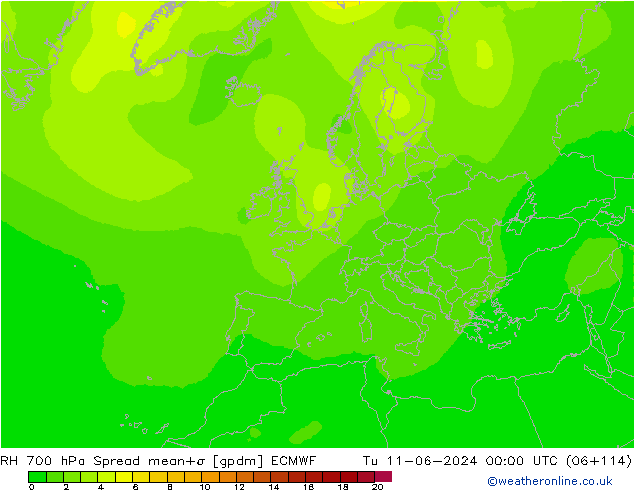 RH 700 hPa Spread ECMWF Di 11.06.2024 00 UTC