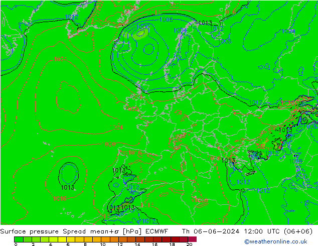 Pressione al suolo Spread ECMWF gio 06.06.2024 12 UTC