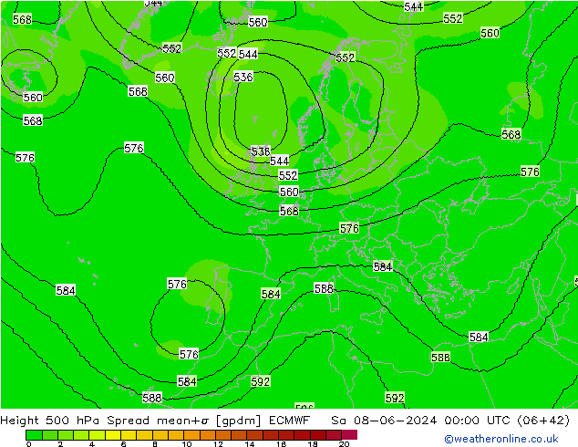 Height 500 hPa Spread ECMWF Sa 08.06.2024 00 UTC