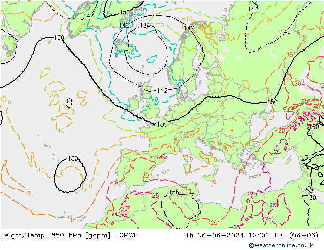 Height/Temp. 850 hPa ECMWF Th 06.06.2024 12 UTC