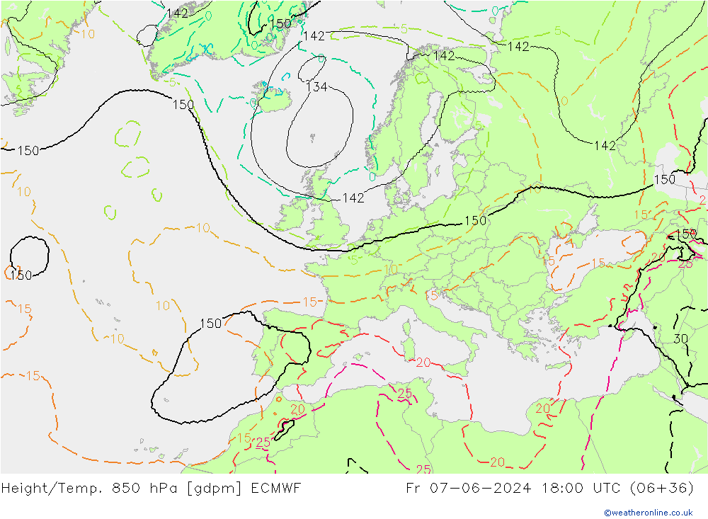 Geop./Temp. 850 hPa ECMWF vie 07.06.2024 18 UTC