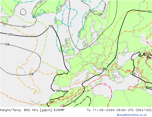 Height/Temp. 850 hPa ECMWF Tu 11.06.2024 06 UTC
