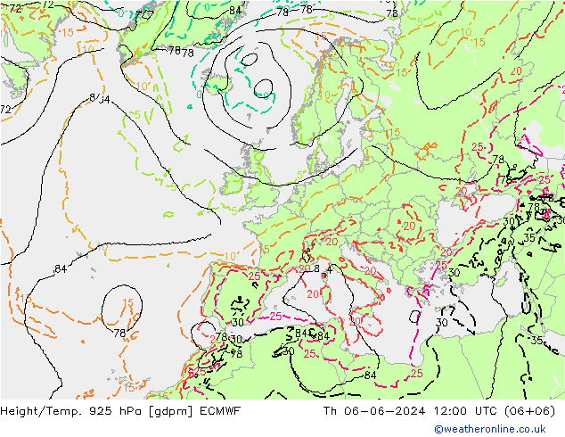 Height/Temp. 925 hPa ECMWF gio 06.06.2024 12 UTC