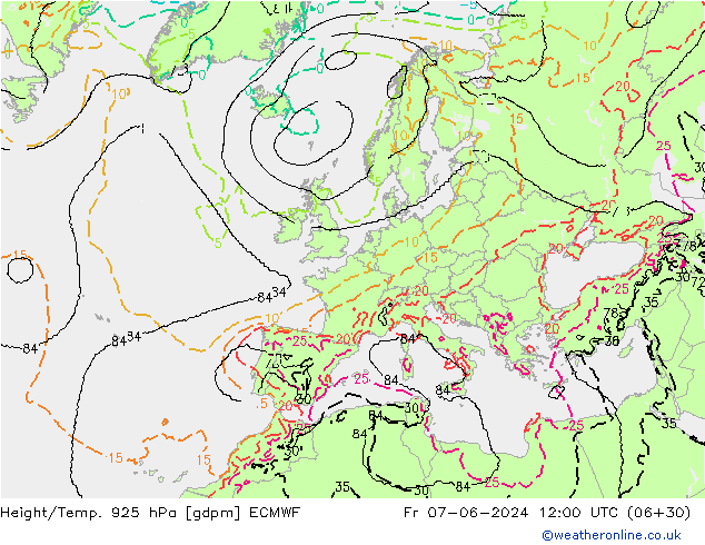 Geop./Temp. 925 hPa ECMWF vie 07.06.2024 12 UTC