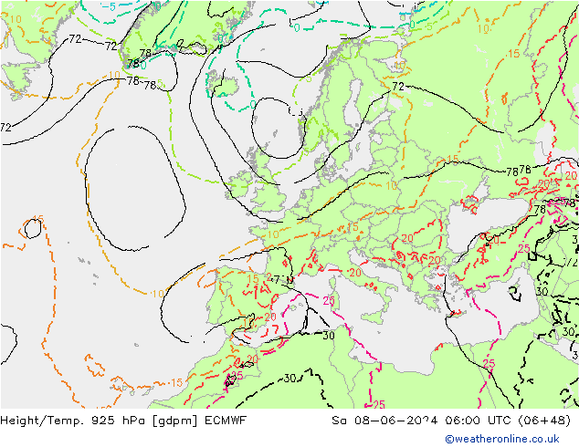 Yükseklik/Sıc. 925 hPa ECMWF Cts 08.06.2024 06 UTC