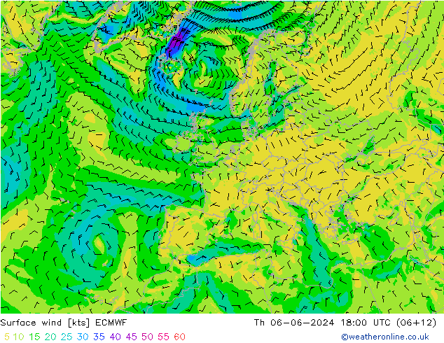 Viento 10 m ECMWF jue 06.06.2024 18 UTC