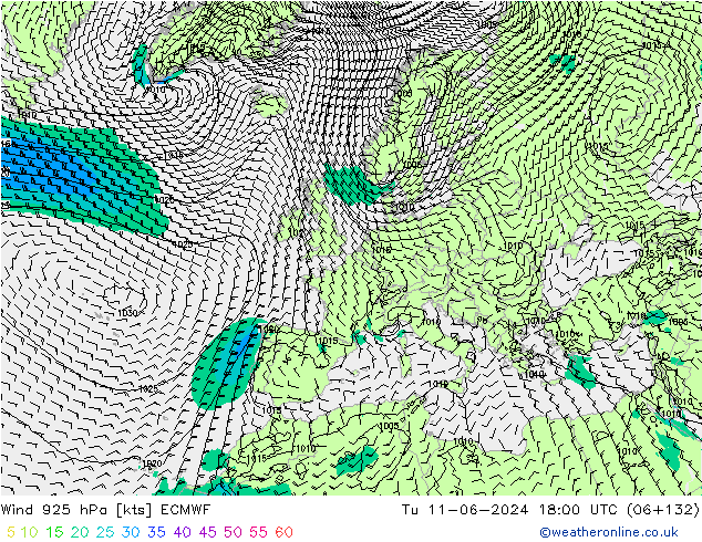 wiatr 925 hPa ECMWF wto. 11.06.2024 18 UTC