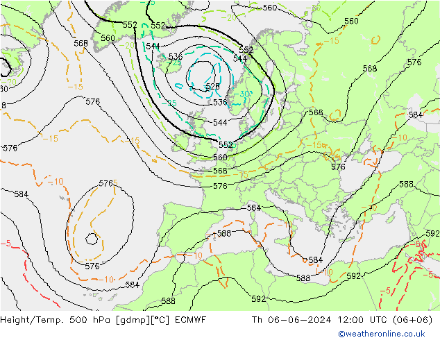 Height/Temp. 500 hPa ECMWF gio 06.06.2024 12 UTC