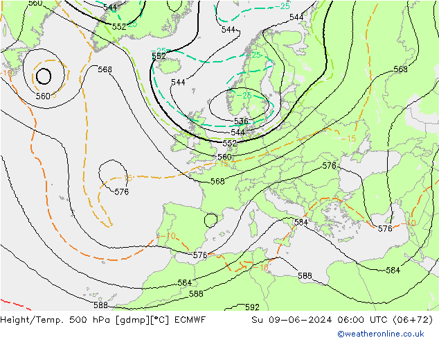 Height/Temp. 500 hPa ECMWF So 09.06.2024 06 UTC