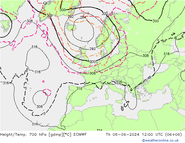 Height/Temp. 700 hPa ECMWF Th 06.06.2024 12 UTC