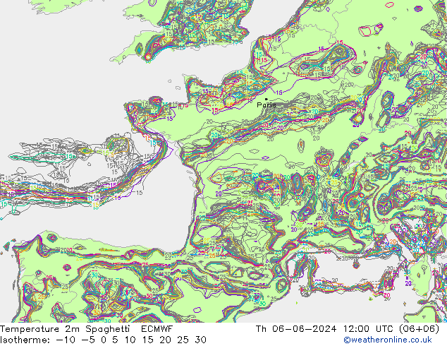 Temperature 2m Spaghetti ECMWF Čt 06.06.2024 12 UTC