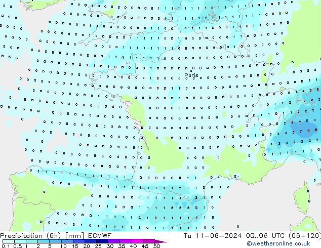 Precipitazione (6h) ECMWF mar 11.06.2024 06 UTC