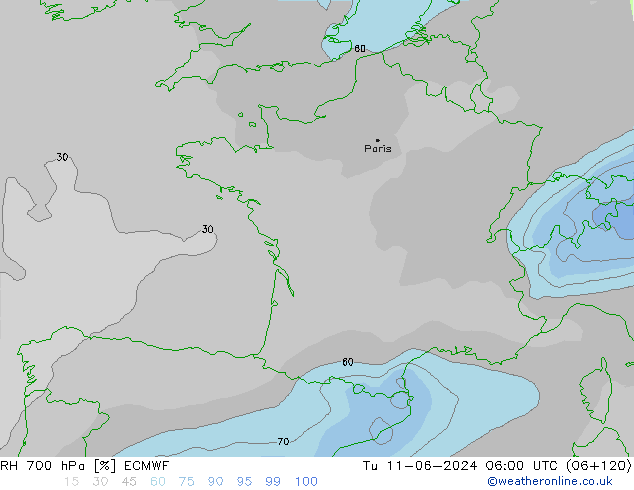 RH 700 hPa ECMWF Tu 11.06.2024 06 UTC