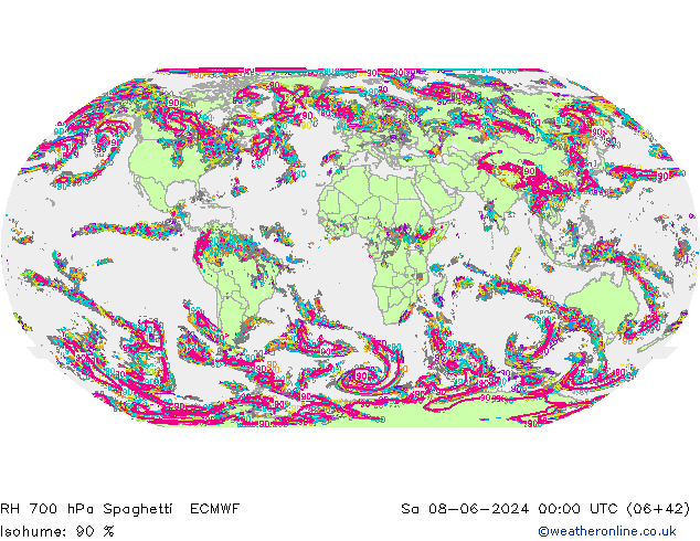 RH 700 hPa Spaghetti ECMWF sab 08.06.2024 00 UTC