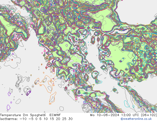 карта температуры Spaghetti ECMWF пн 10.06.2024 12 UTC