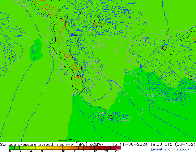 Surface pressure Spread ECMWF Tu 11.06.2024 18 UTC