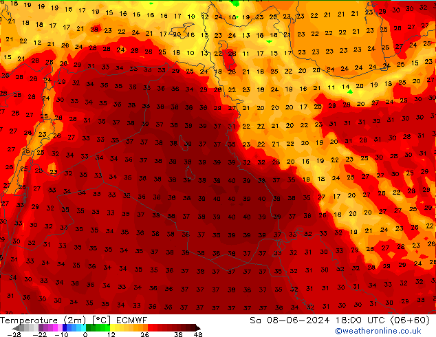 Temperature (2m) ECMWF Sa 08.06.2024 18 UTC