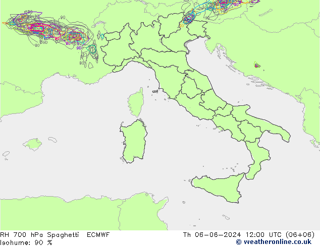 RH 700 hPa Spaghetti ECMWF Čt 06.06.2024 12 UTC