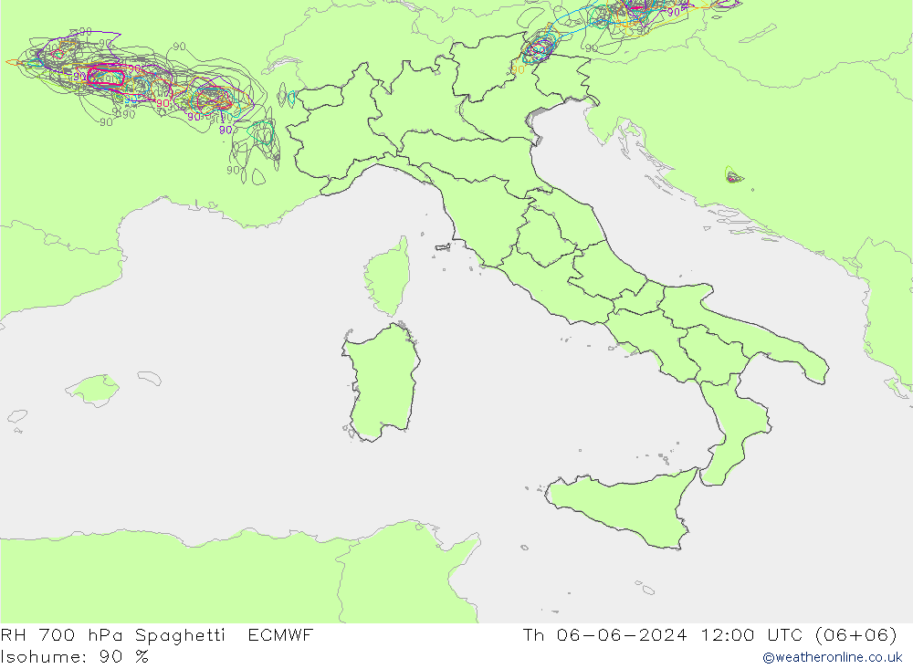 RH 700 hPa Spaghetti ECMWF Qui 06.06.2024 12 UTC