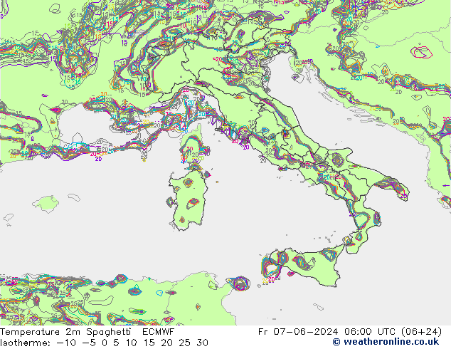 Temperatura 2m Spaghetti ECMWF vie 07.06.2024 06 UTC