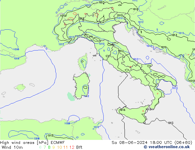 High wind areas ECMWF Sa 08.06.2024 18 UTC