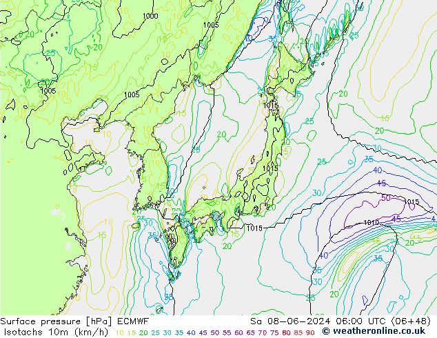 Isotaca (kph) ECMWF sáb 08.06.2024 06 UTC