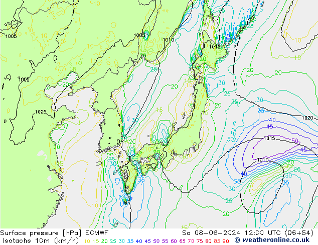 Isotachen (km/h) ECMWF Sa 08.06.2024 12 UTC