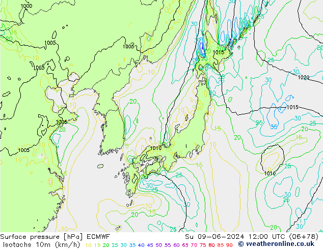 Isotachen (km/h) ECMWF So 09.06.2024 12 UTC