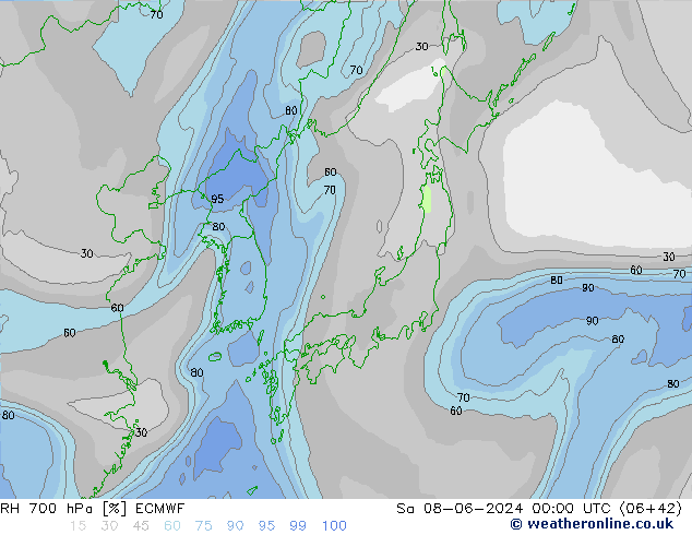 Humidité rel. 700 hPa ECMWF sam 08.06.2024 00 UTC