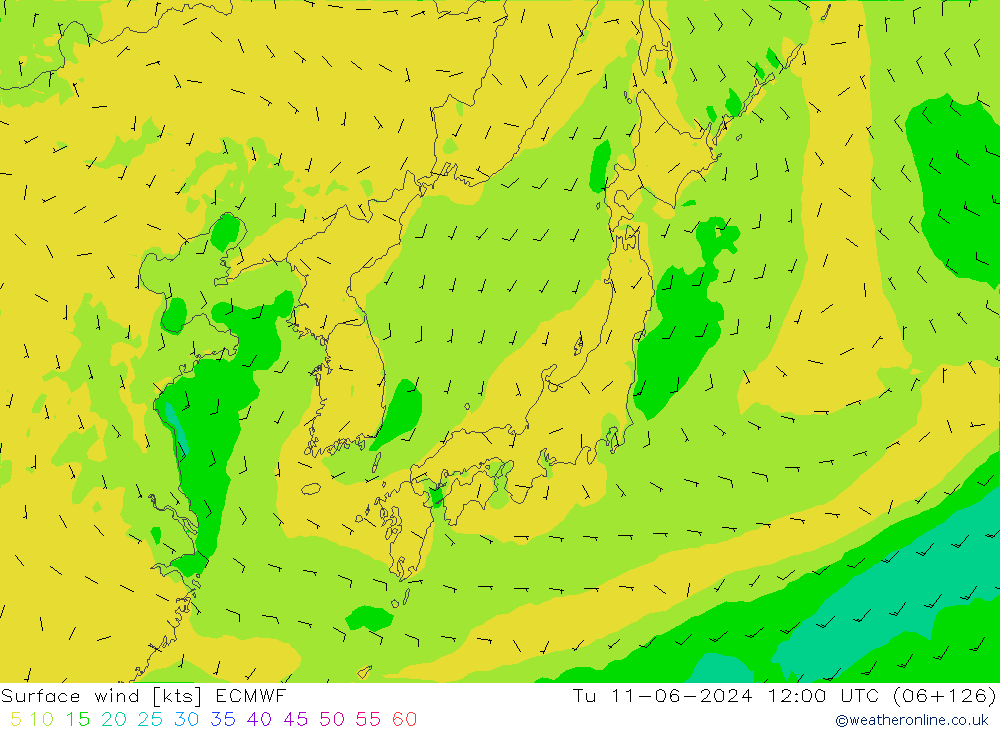 Vento 10 m ECMWF mar 11.06.2024 12 UTC