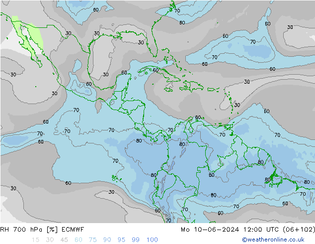 RH 700 гПа ECMWF пн 10.06.2024 12 UTC