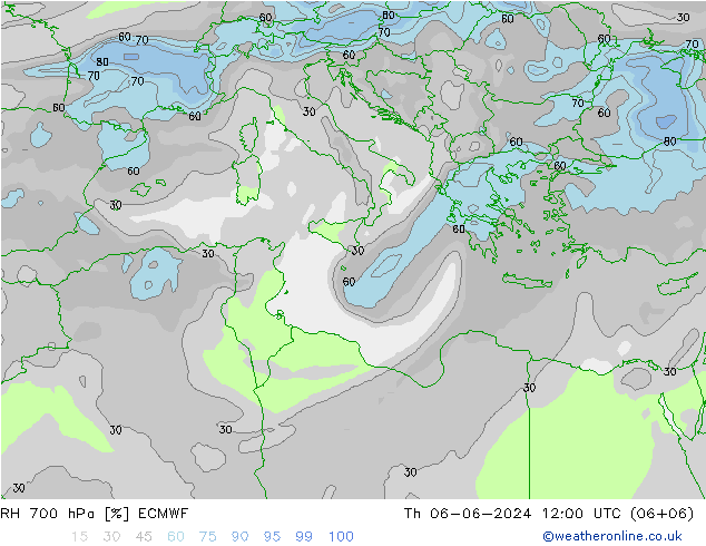 RH 700 hPa ECMWF Qui 06.06.2024 12 UTC