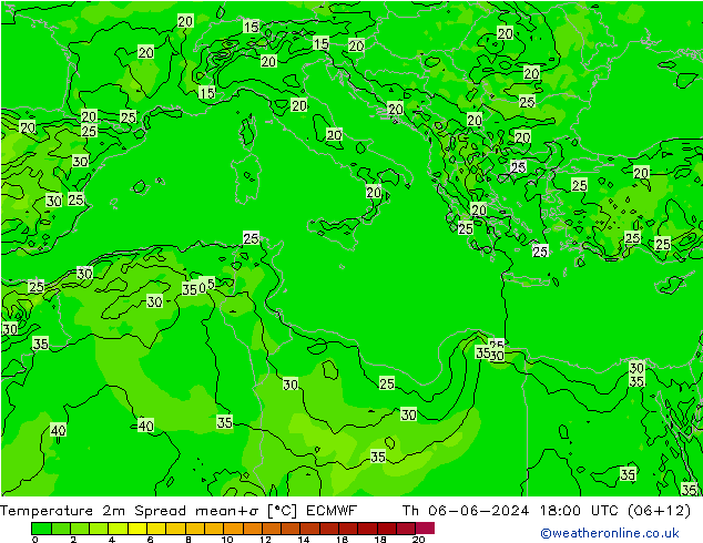 Temperatura 2m Spread ECMWF Qui 06.06.2024 18 UTC