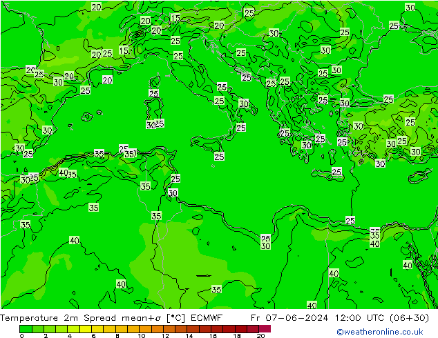 Temperatura 2m Spread ECMWF Sex 07.06.2024 12 UTC