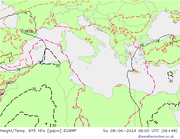 Géop./Temp. 925 hPa ECMWF sam 08.06.2024 06 UTC